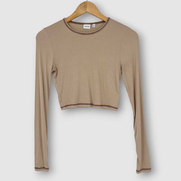 Aritzia Sunday Best Taupe Ribbed Cropped Long Sleeve Top Size Small - Picture 1 of 4